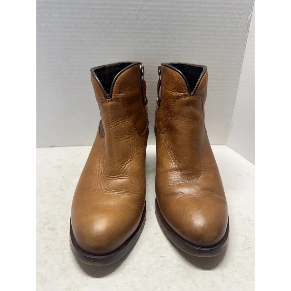 Bosi Tan Brown Leather Ankle Boots Stacked Block Heel Western Booties 38 7.5